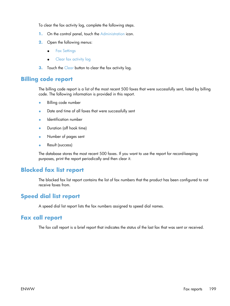 Billing code report, Blocked fax list report, Speed dial list report | Fax call report | HP LaserJet Enterprise MFP M725 series User Manual | Page 213 / 318