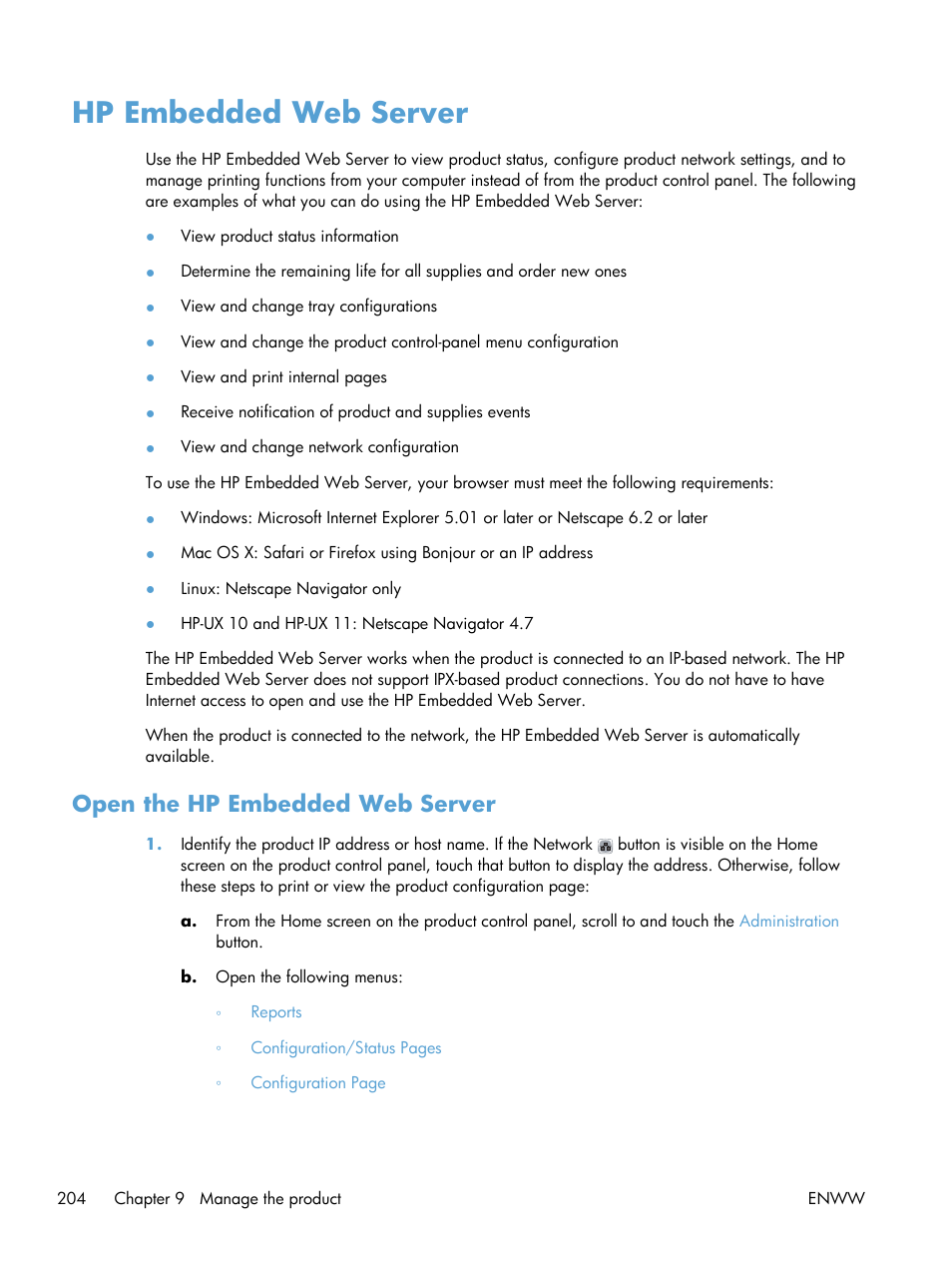 Hp embedded web server, Open the hp embedded web server | HP LaserJet Enterprise MFP M725 series User Manual | Page 218 / 318