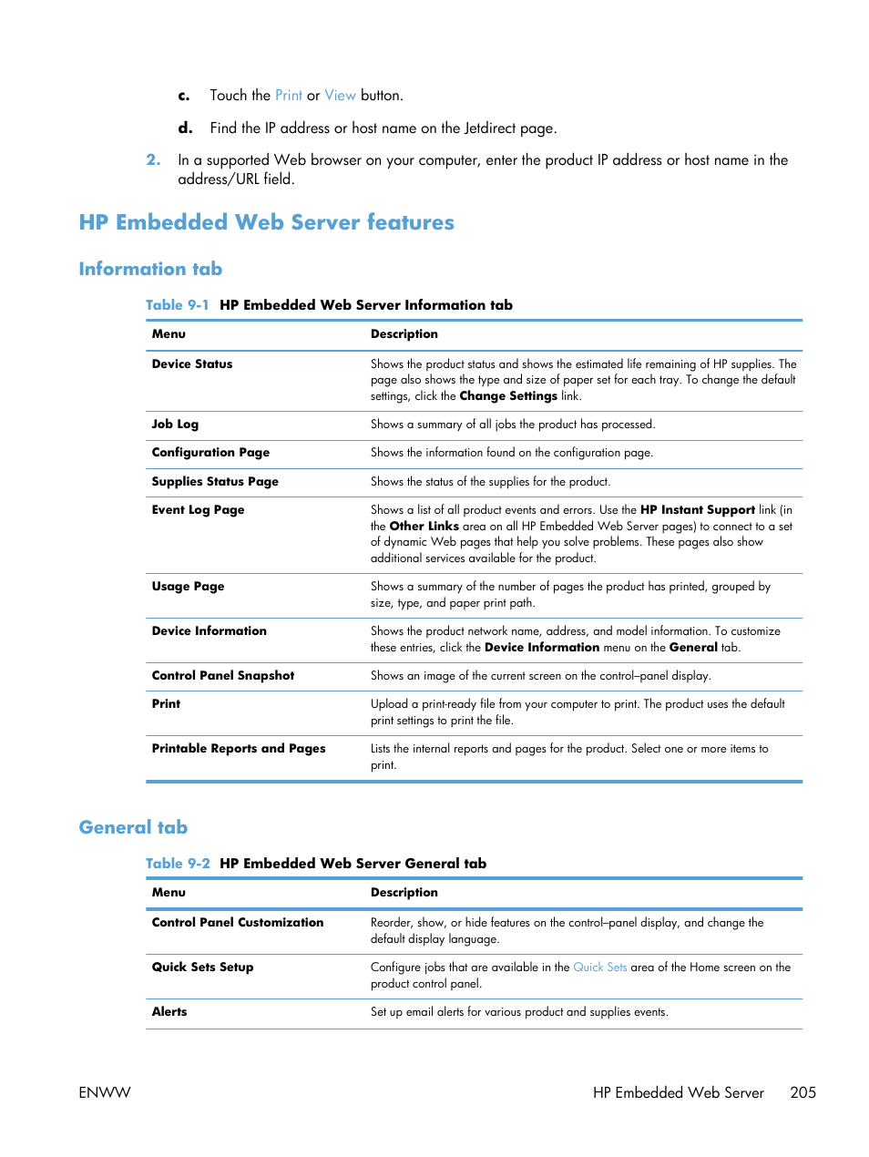 Hp embedded web server features, Information tab, General tab | Information tab general tab | HP LaserJet Enterprise MFP M725 series User Manual | Page 219 / 318
