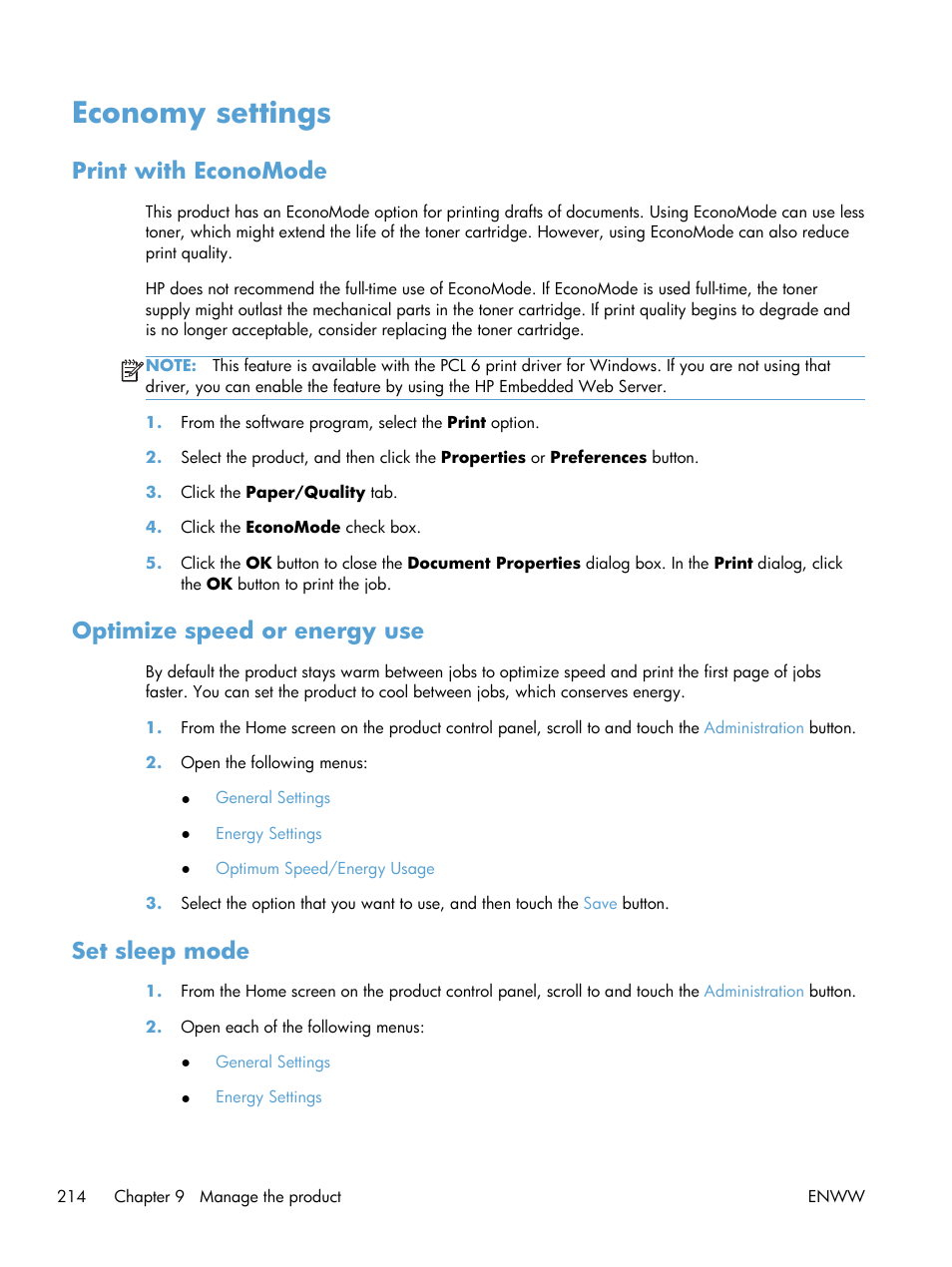 Economy settings, Print with economode, Optimize speed or energy use | Set sleep mode | HP LaserJet Enterprise MFP M725 series User Manual | Page 228 / 318