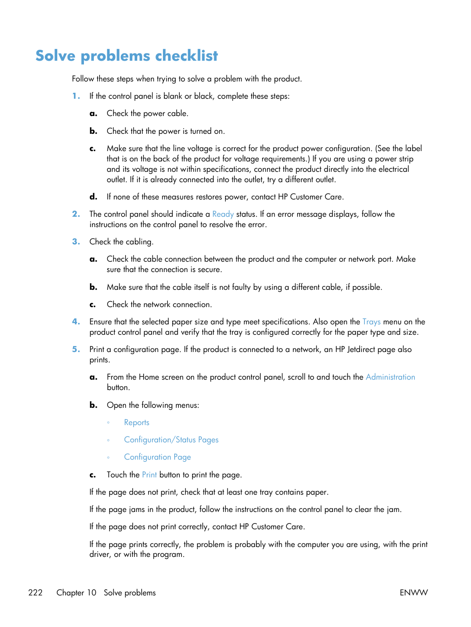 Solve problems checklist | HP LaserJet Enterprise MFP M725 series User Manual | Page 236 / 318