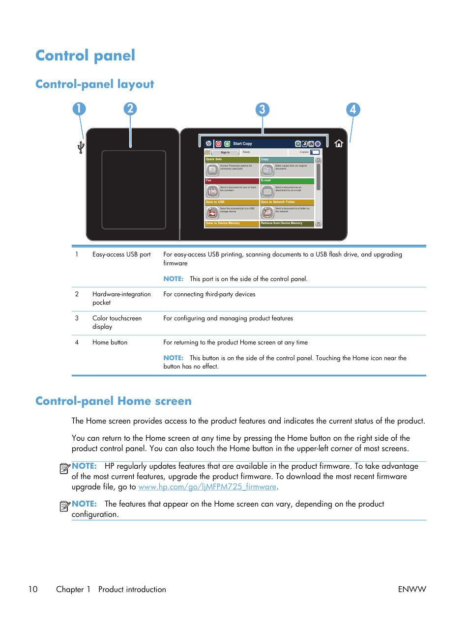 Control panel, Control-panel layout, Control-panel home screen | HP LaserJet Enterprise MFP M725 series User Manual | Page 24 / 318