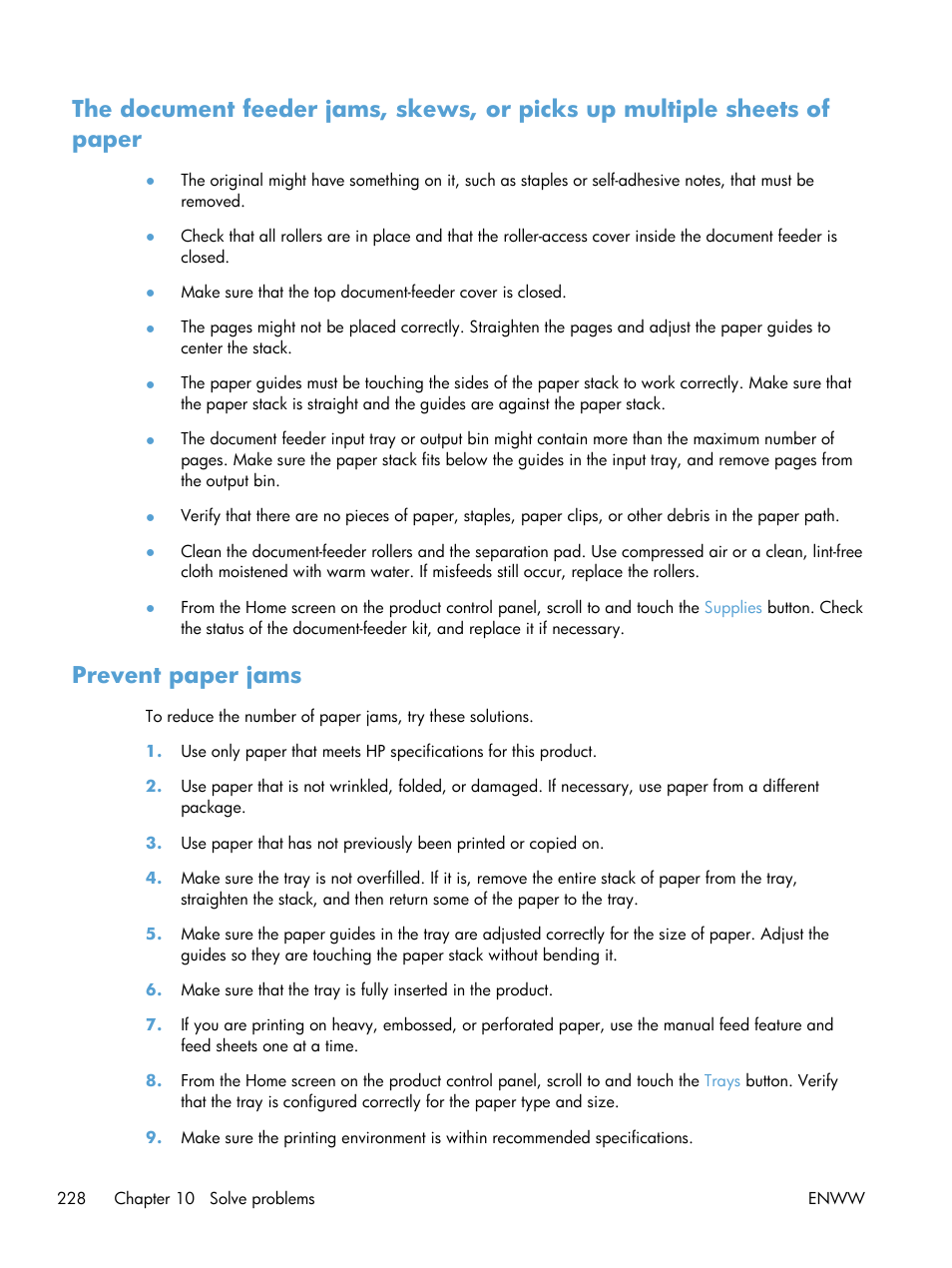 Prevent paper jams | HP LaserJet Enterprise MFP M725 series User Manual | Page 242 / 318