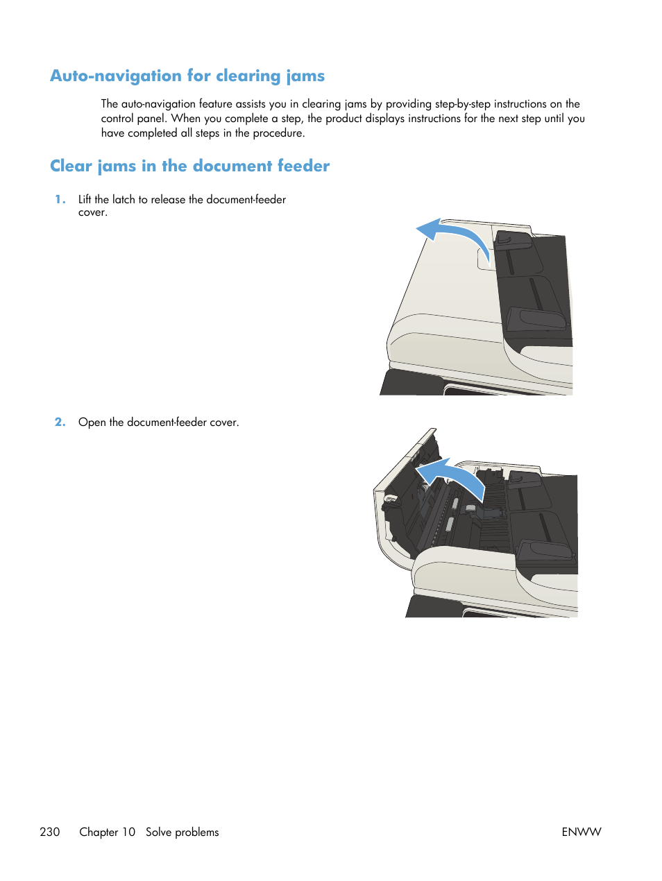 Auto-navigation for clearing jams, Clear jams in the document feeder | HP LaserJet Enterprise MFP M725 series User Manual | Page 244 / 318