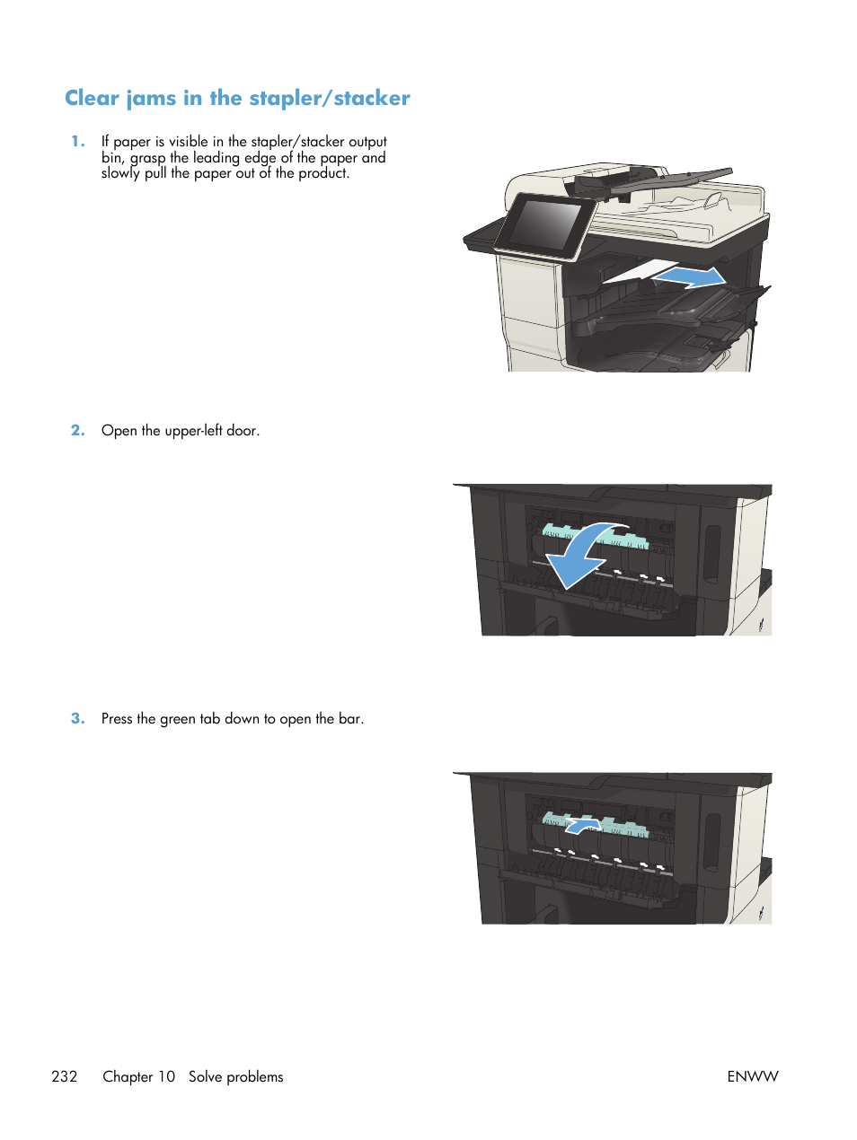 Clear jams in the stapler/stacker | HP LaserJet Enterprise MFP M725 series User Manual | Page 246 / 318
