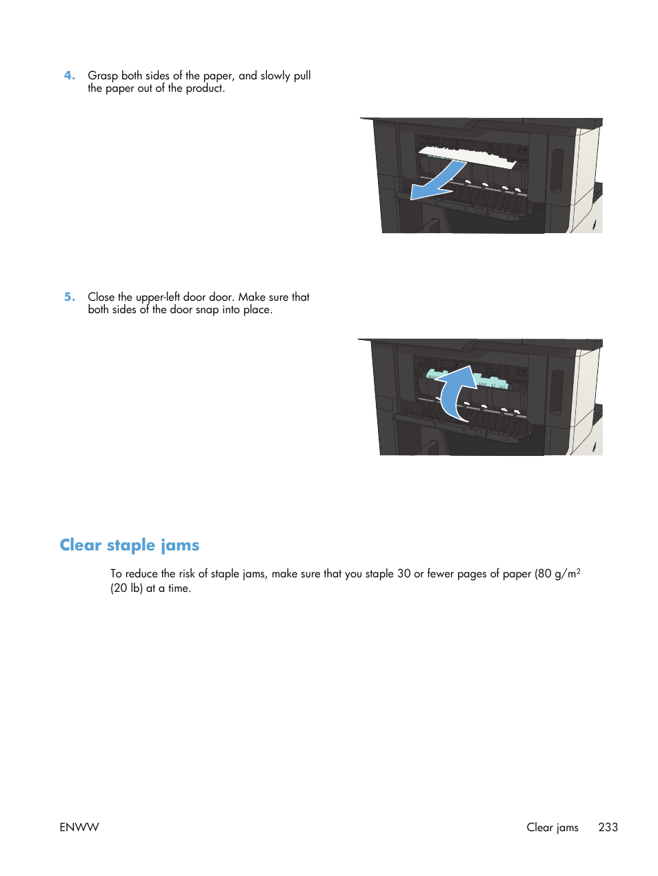 Clear staple jams | HP LaserJet Enterprise MFP M725 series User Manual | Page 247 / 318