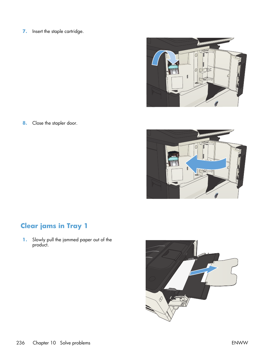 Clear jams in tray 1 | HP LaserJet Enterprise MFP M725 series User Manual | Page 250 / 318