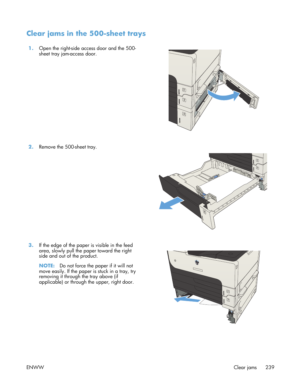 Clear jams in the 500-sheet trays | HP LaserJet Enterprise MFP M725 series User Manual | Page 253 / 318