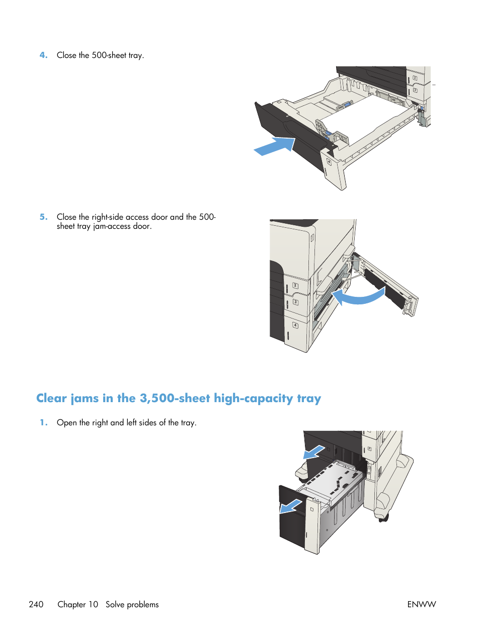 Clear jams in the 3,500-sheet high-capacity tray | HP LaserJet Enterprise MFP M725 series User Manual | Page 254 / 318