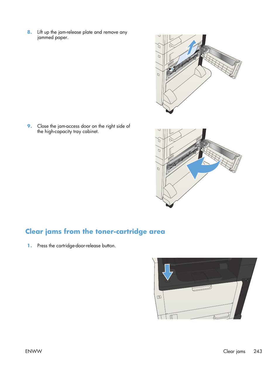 Clear jams from the toner-cartridge area | HP LaserJet Enterprise MFP M725 series User Manual | Page 257 / 318