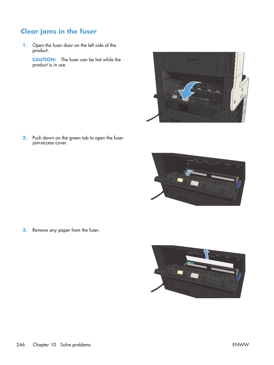 Clear jams in the fuser | HP LaserJet Enterprise MFP M725 series User Manual | Page 260 / 318