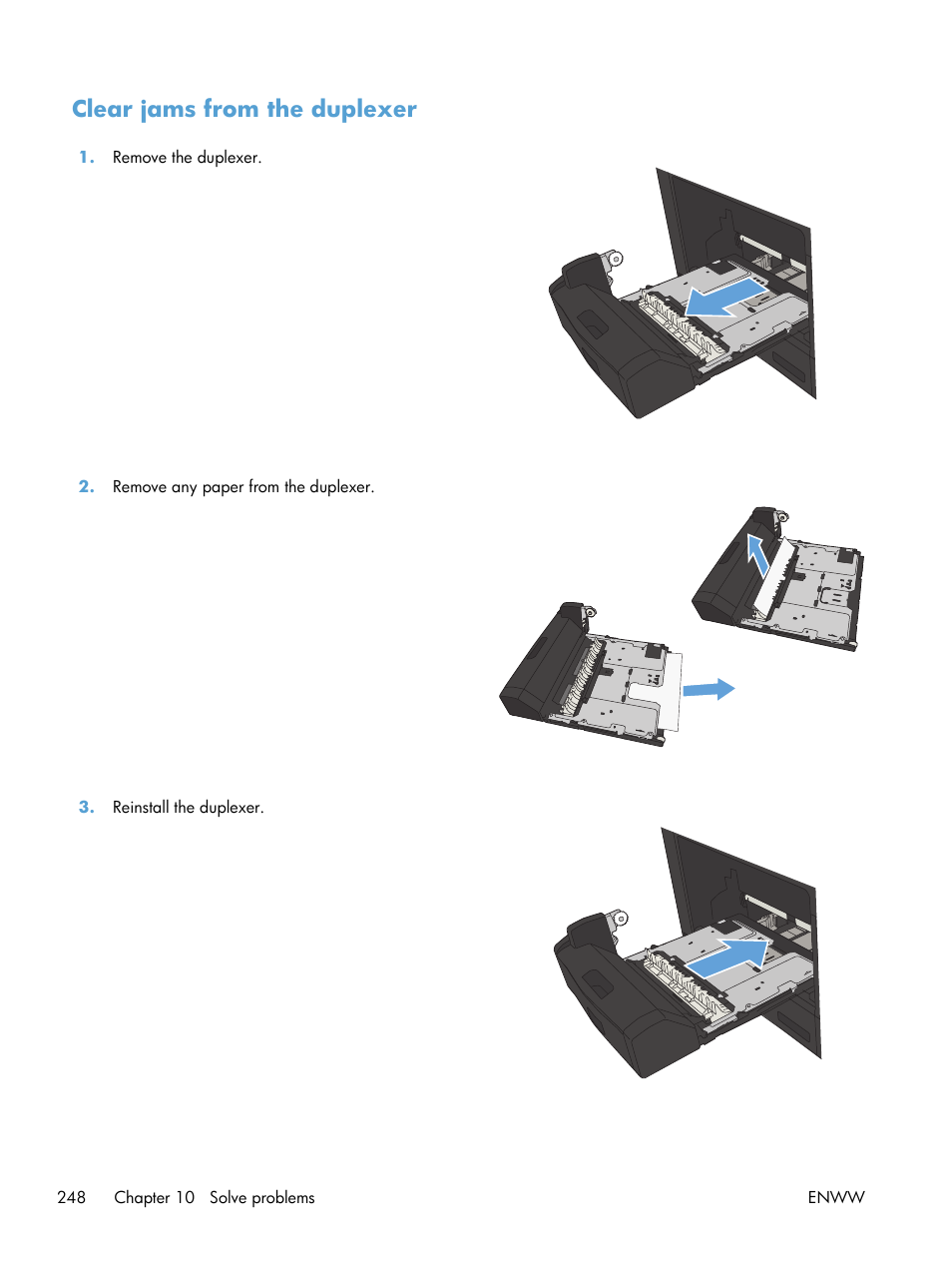 Clear jams from the duplexer | HP LaserJet Enterprise MFP M725 series User Manual | Page 262 / 318