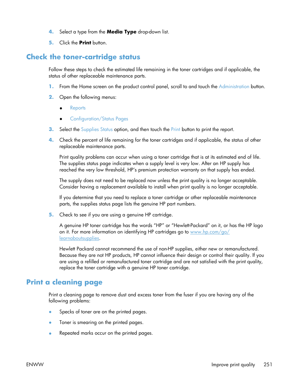 Check the toner-cartridge status, Print a cleaning page | HP LaserJet Enterprise MFP M725 series User Manual | Page 265 / 318