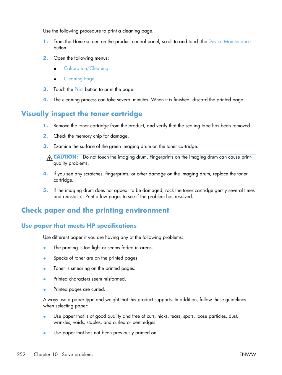 Visually inspect the toner cartridge, Check paper and the printing environment, Use paper that meets hp specifications | HP LaserJet Enterprise MFP M725 series User Manual | Page 266 / 318