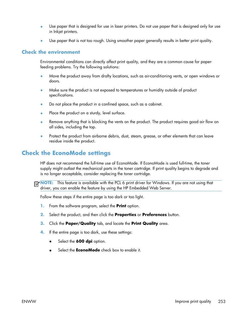Check the environment, Check the economode settings | HP LaserJet Enterprise MFP M725 series User Manual | Page 267 / 318