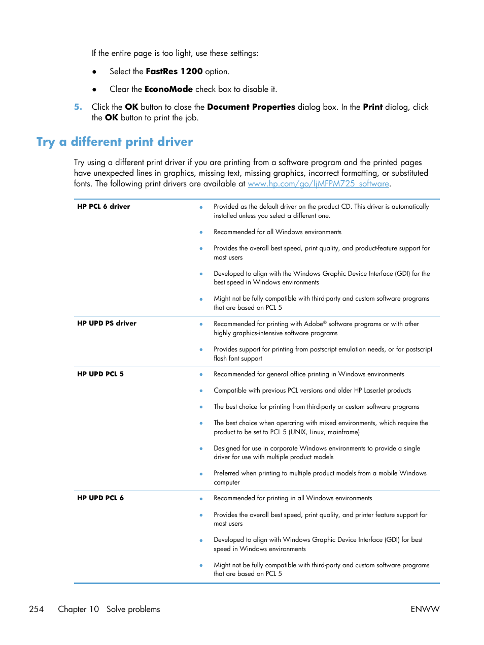 Try a different print driver | HP LaserJet Enterprise MFP M725 series User Manual | Page 268 / 318