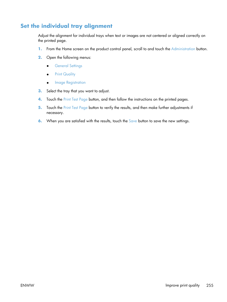 Set the individual tray alignment | HP LaserJet Enterprise MFP M725 series User Manual | Page 269 / 318