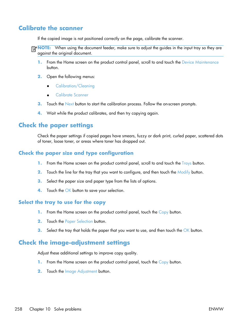 Calibrate the scanner, Check the paper settings, Check the paper size and type configuration | Select the tray to use for the copy, Check the image-adjustment settings, Calibrate the scanner check the paper settings | HP LaserJet Enterprise MFP M725 series User Manual | Page 272 / 318