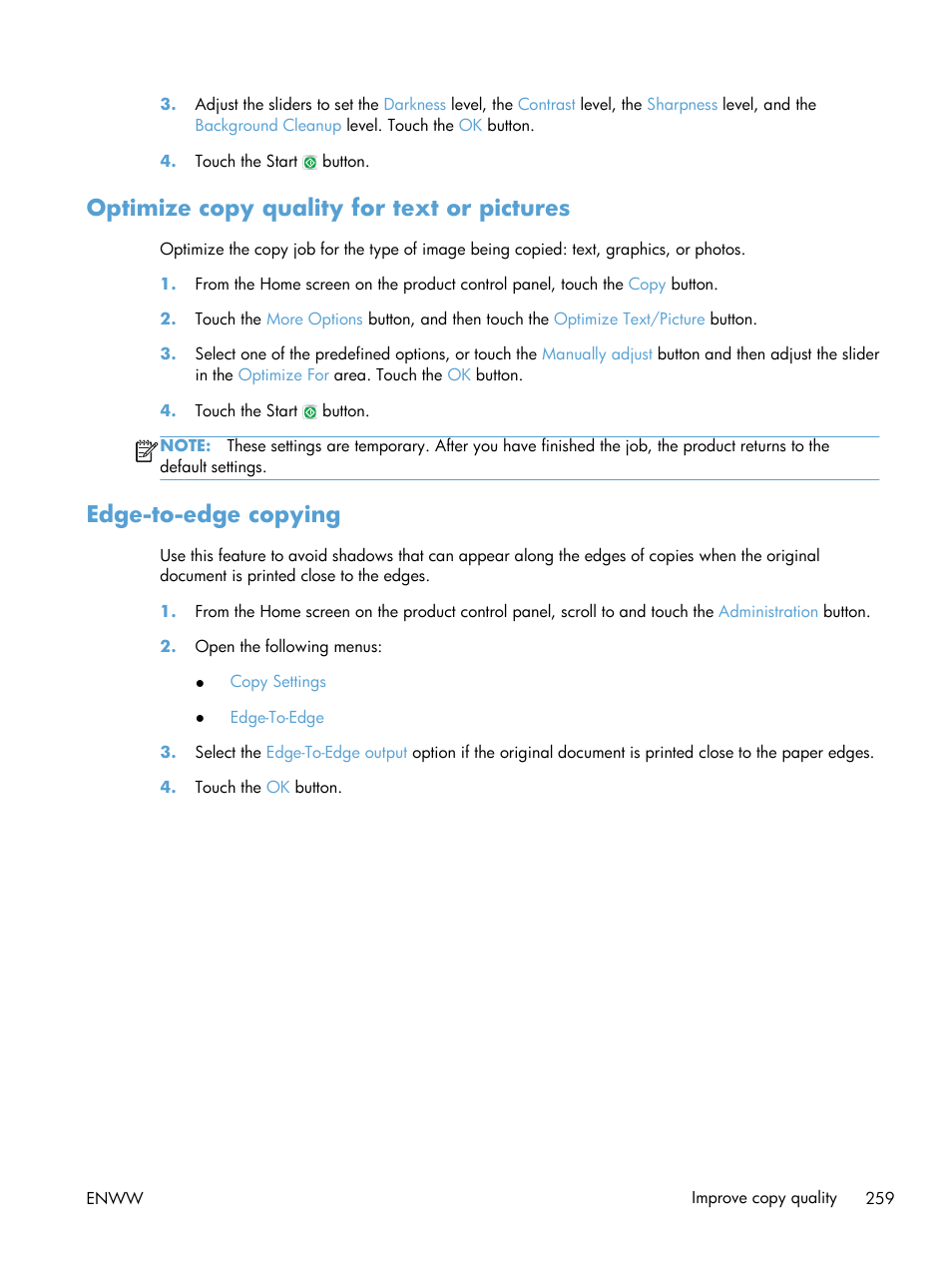 Optimize copy quality for text or pictures, Edge-to-edge copying | HP LaserJet Enterprise MFP M725 series User Manual | Page 273 / 318