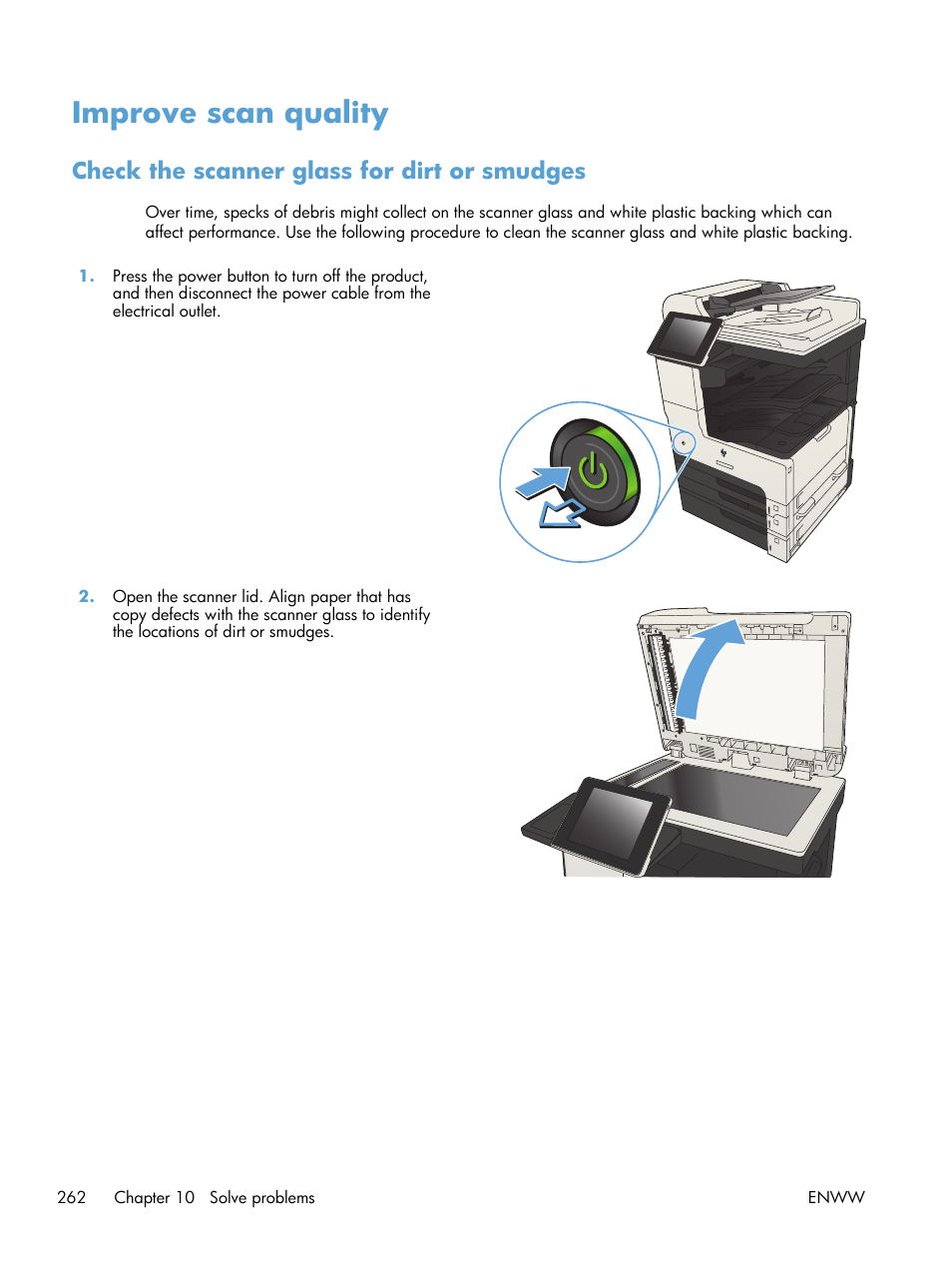 Improve scan quality, Check the scanner glass for dirt or smudges | HP LaserJet Enterprise MFP M725 series User Manual | Page 276 / 318