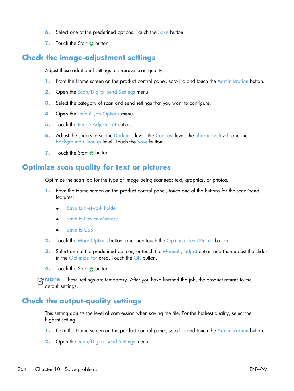 Check the image-adjustment settings, Optimize scan quality for text or pictures, Check the output-quality settings | HP LaserJet Enterprise MFP M725 series User Manual | Page 278 / 318