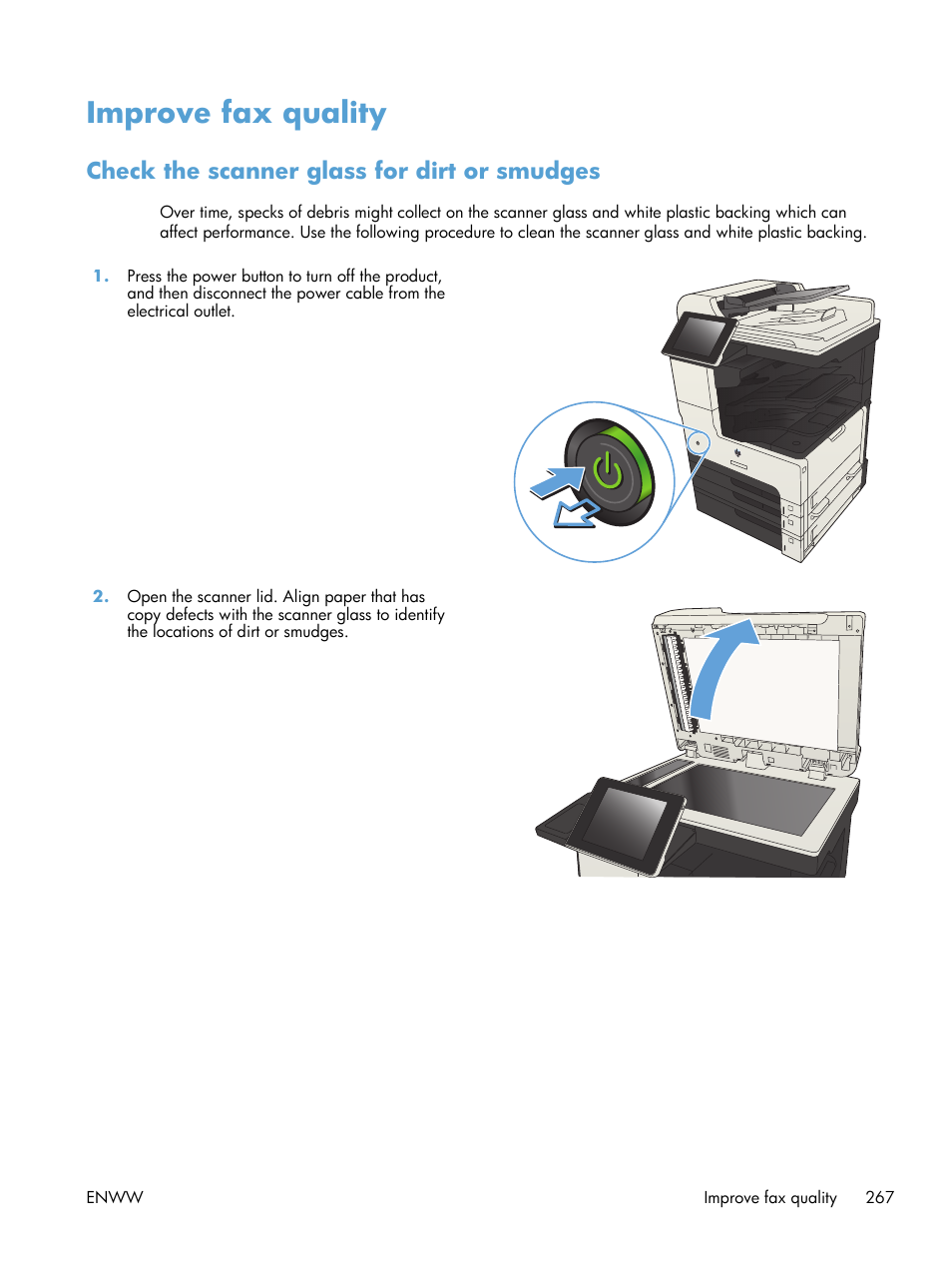 Improve fax quality, Check the scanner glass for dirt or smudges | HP LaserJet Enterprise MFP M725 series User Manual | Page 281 / 318