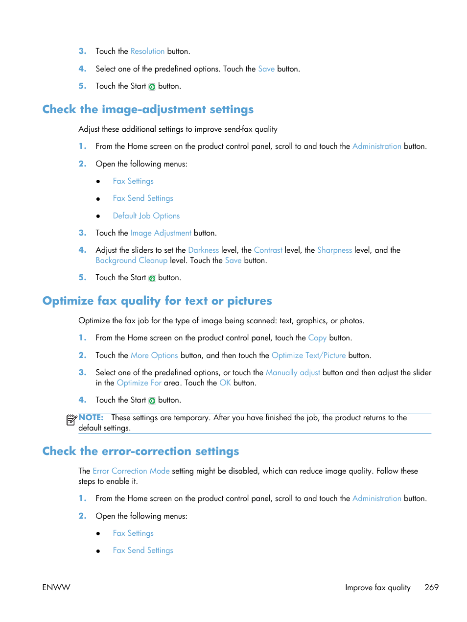 Check the image-adjustment settings, Optimize fax quality for text or pictures, Check the error-correction settings | HP LaserJet Enterprise MFP M725 series User Manual | Page 283 / 318