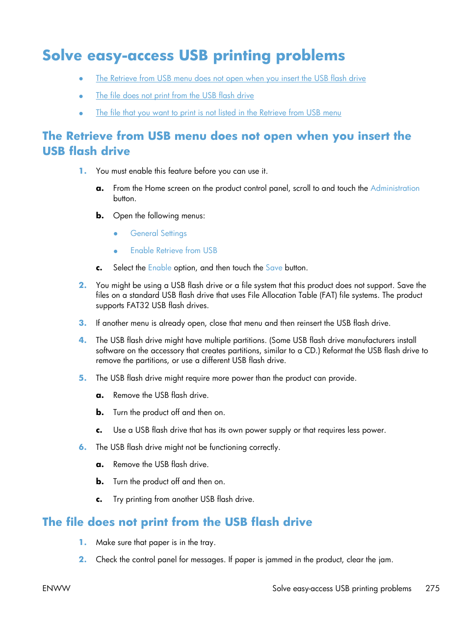 Solve easy-access usb printing problems, The file does not print from the usb flash drive | HP LaserJet Enterprise MFP M725 series User Manual | Page 289 / 318