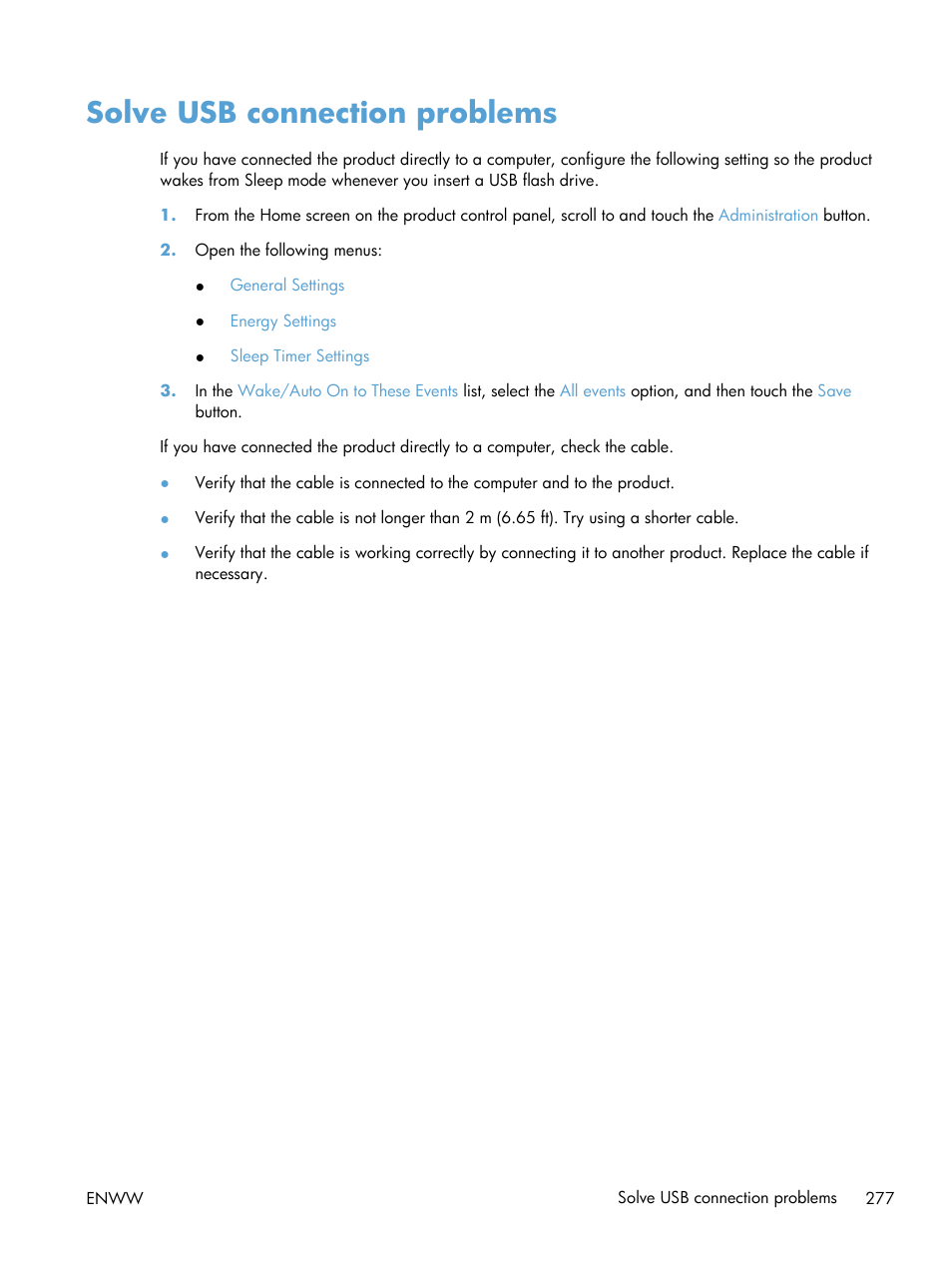 Solve usb connection problems | HP LaserJet Enterprise MFP M725 series User Manual | Page 291 / 318