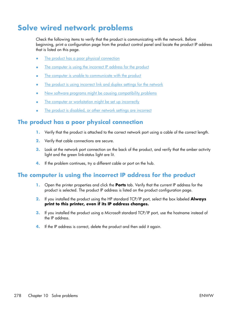 Solve wired network problems, The product has a poor physical connection | HP LaserJet Enterprise MFP M725 series User Manual | Page 292 / 318