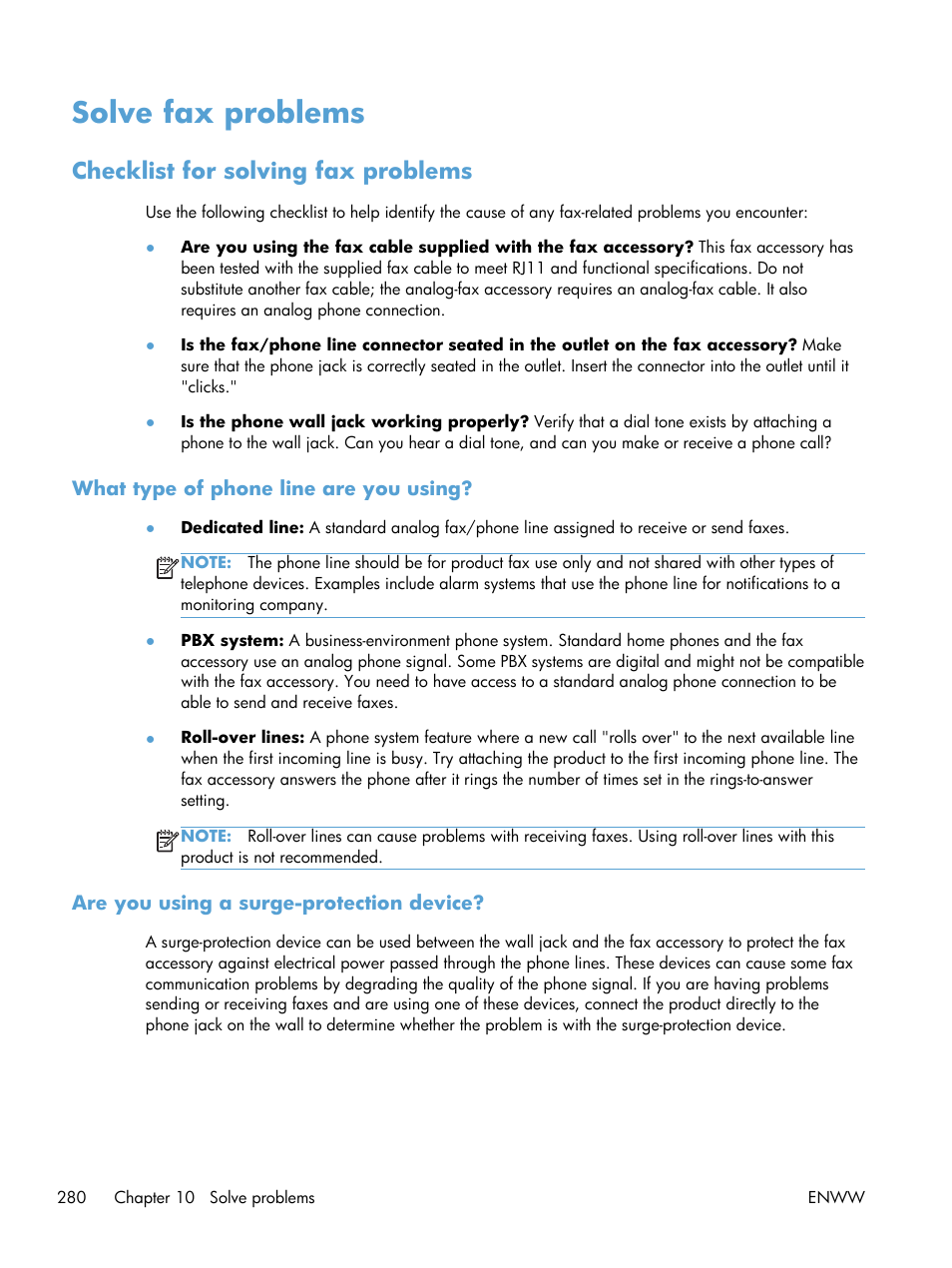 Solve fax problems, Checklist for solving fax problems, What type of phone line are you using | Are you using a surge-protection device | HP LaserJet Enterprise MFP M725 series User Manual | Page 294 / 318
