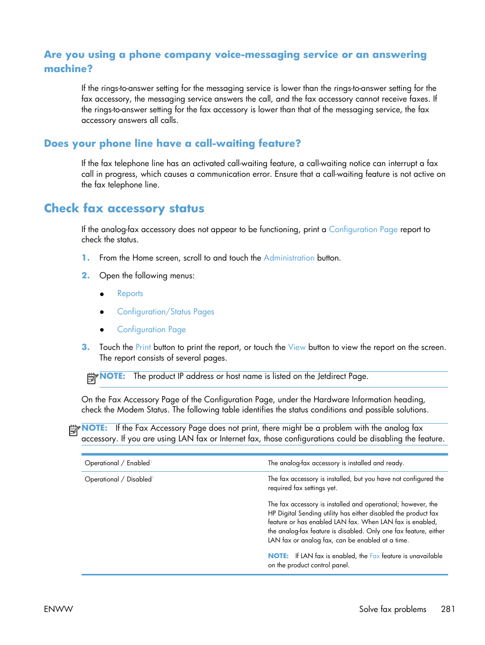 Does your phone line have a call-waiting feature, Check fax accessory status | HP LaserJet Enterprise MFP M725 series User Manual | Page 295 / 318