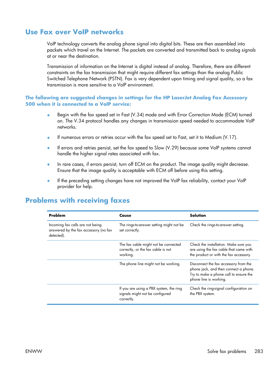 Use fax over voip networks, Problems with receiving faxes | HP LaserJet Enterprise MFP M725 series User Manual | Page 297 / 318