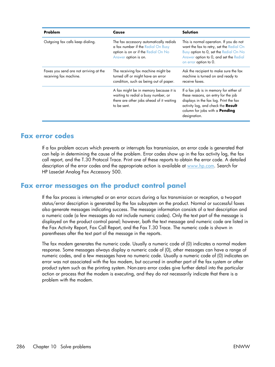 Fax error codes, Fax error messages on the product control panel | HP LaserJet Enterprise MFP M725 series User Manual | Page 300 / 318