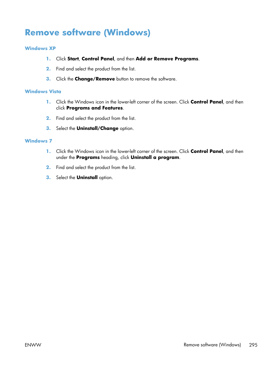 Remove software (windows) | HP LaserJet Enterprise MFP M725 series User Manual | Page 309 / 318