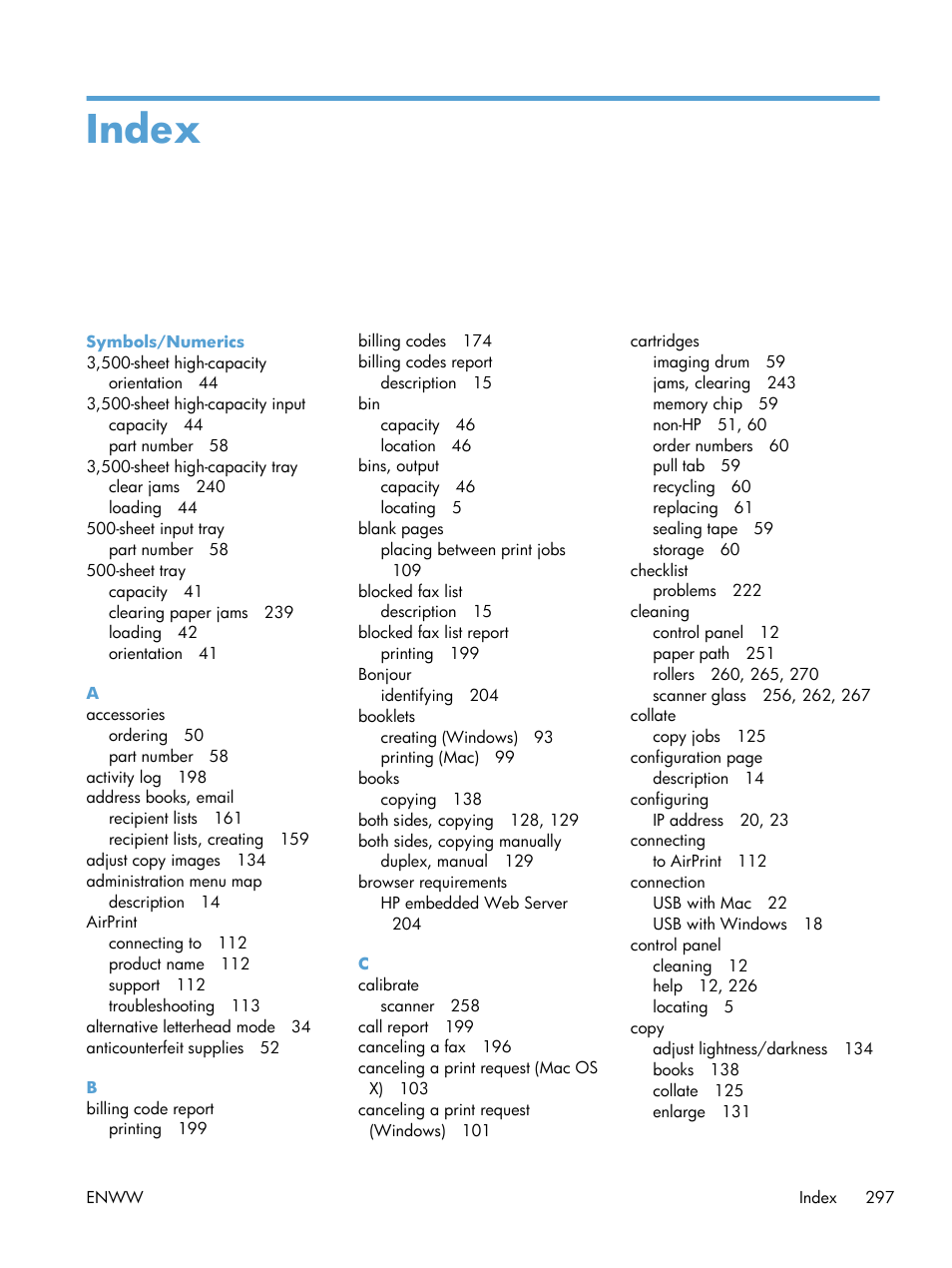 Index | HP LaserJet Enterprise MFP M725 series User Manual | Page 311 / 318