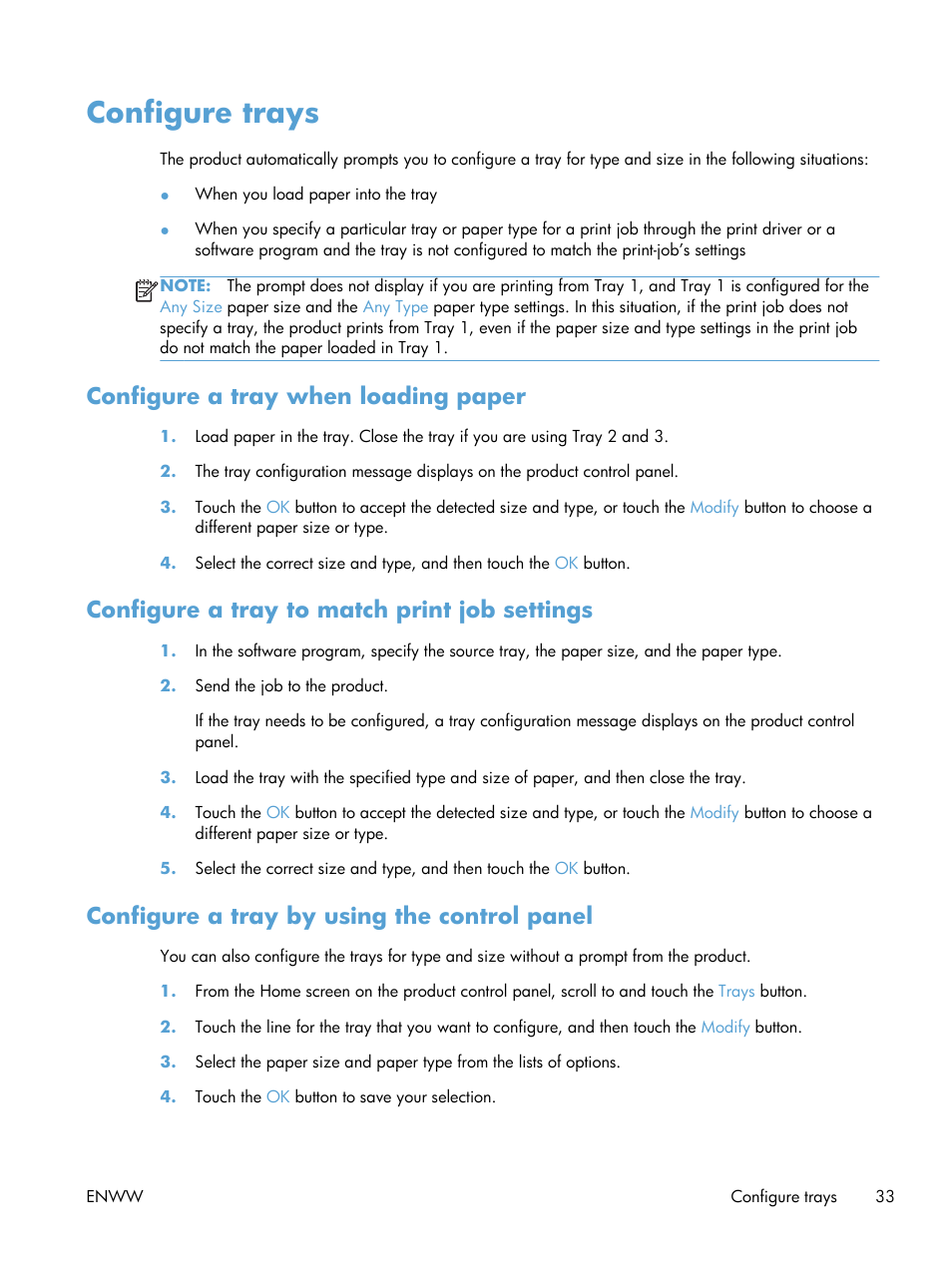 Configure trays, Configure a tray when loading paper, Configure a tray to match print job settings | Configure a tray by using the control panel | HP LaserJet Enterprise MFP M725 series User Manual | Page 47 / 318