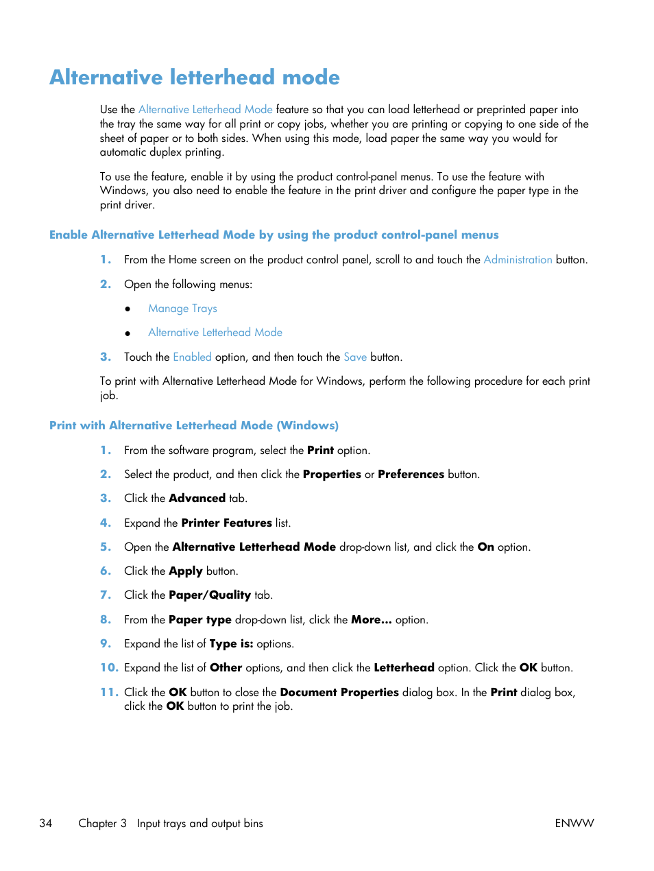 Alternative letterhead mode | HP LaserJet Enterprise MFP M725 series User Manual | Page 48 / 318