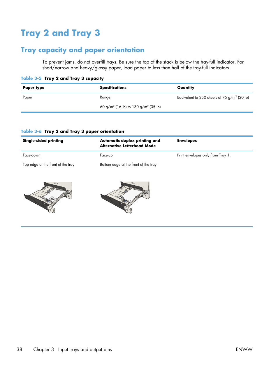 Tray 2 and tray 3, Tray capacity and paper orientation | HP LaserJet Enterprise MFP M725 series User Manual | Page 52 / 318