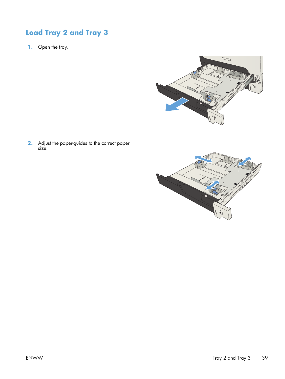 Load tray 2 and tray 3 | HP LaserJet Enterprise MFP M725 series User Manual | Page 53 / 318