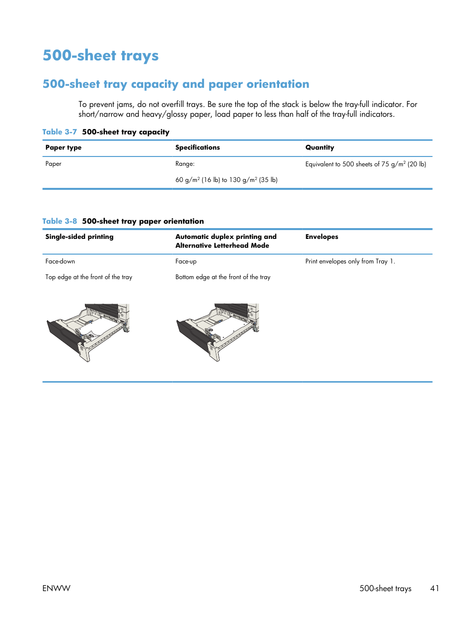 Sheet trays, Sheet tray capacity and paper orientation | HP LaserJet Enterprise MFP M725 series User Manual | Page 55 / 318