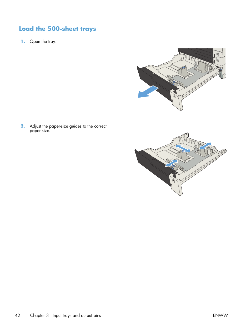 Load the 500-sheet trays | HP LaserJet Enterprise MFP M725 series User Manual | Page 56 / 318