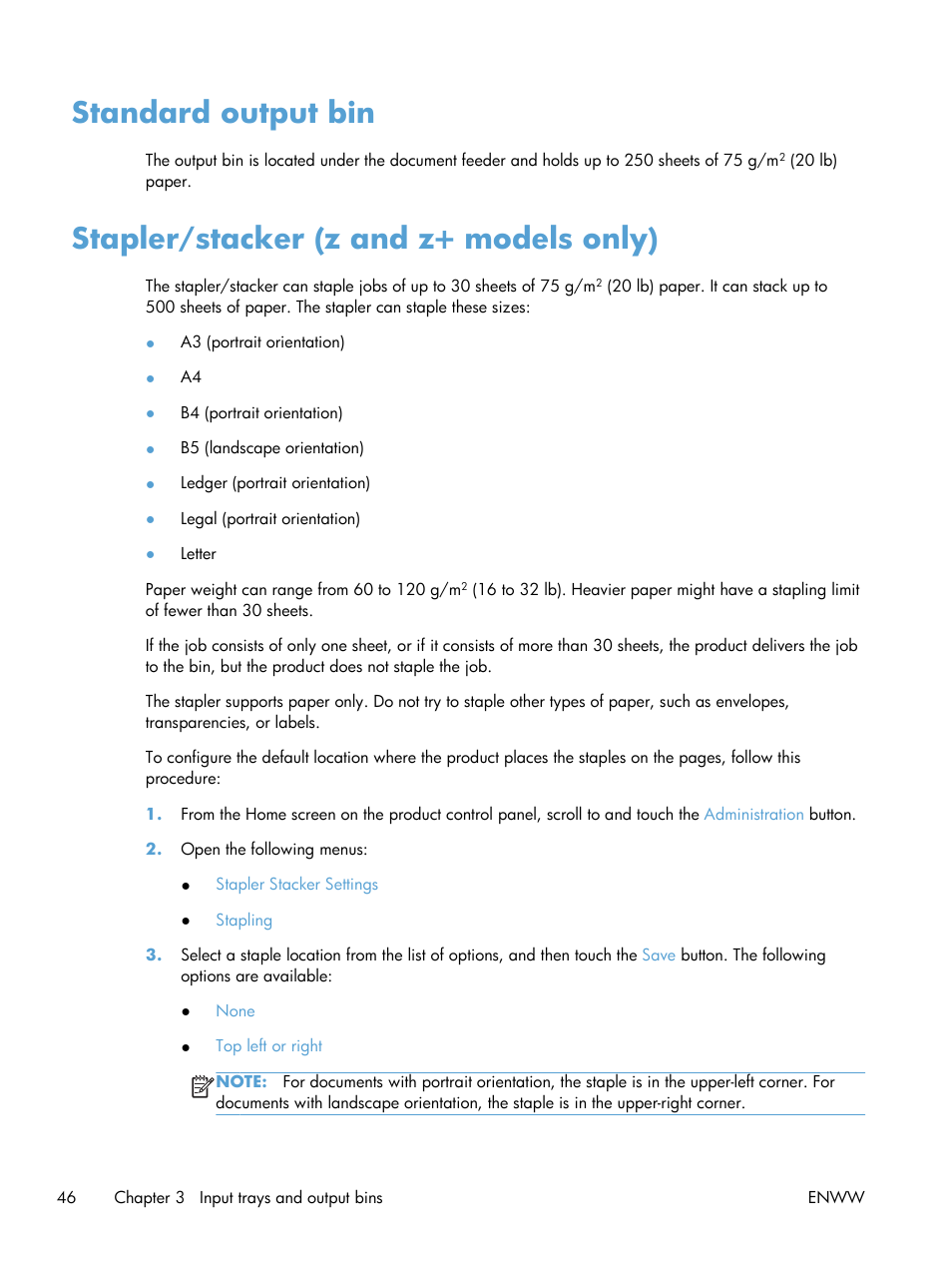 Standard output bin, Stapler/stacker (z and z+ models only) | HP LaserJet Enterprise MFP M725 series User Manual | Page 60 / 318