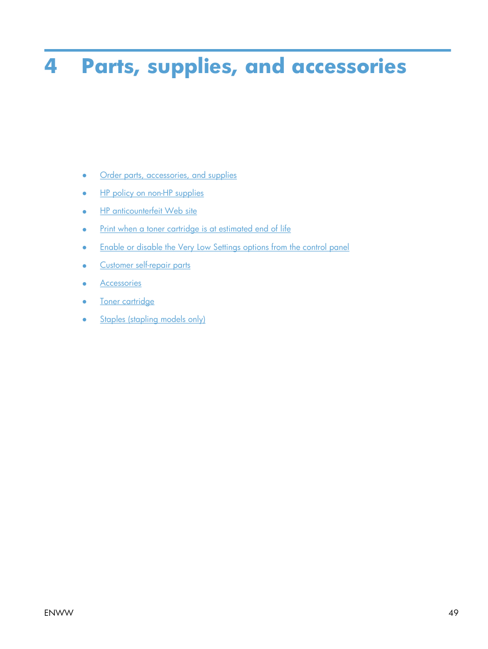 Parts, supplies, and accessories, 4 parts, supplies, and accessories | HP LaserJet Enterprise MFP M725 series User Manual | Page 63 / 318