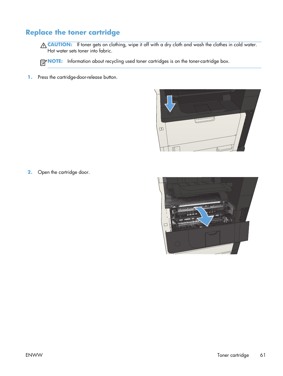 Replace the toner cartridge | HP LaserJet Enterprise MFP M725 series User Manual | Page 75 / 318