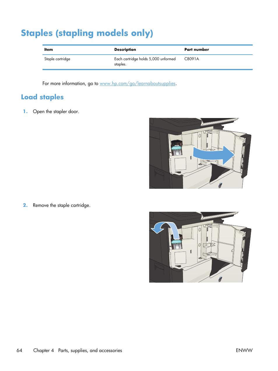 Staples (stapling models only), Load staples | HP LaserJet Enterprise MFP M725 series User Manual | Page 78 / 318