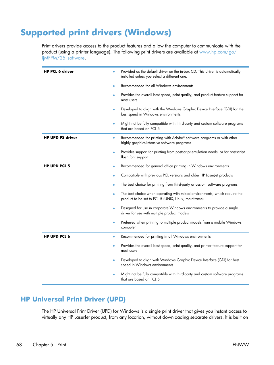 Supported print drivers (windows), Hp universal print driver (upd) | HP LaserJet Enterprise MFP M725 series User Manual | Page 82 / 318