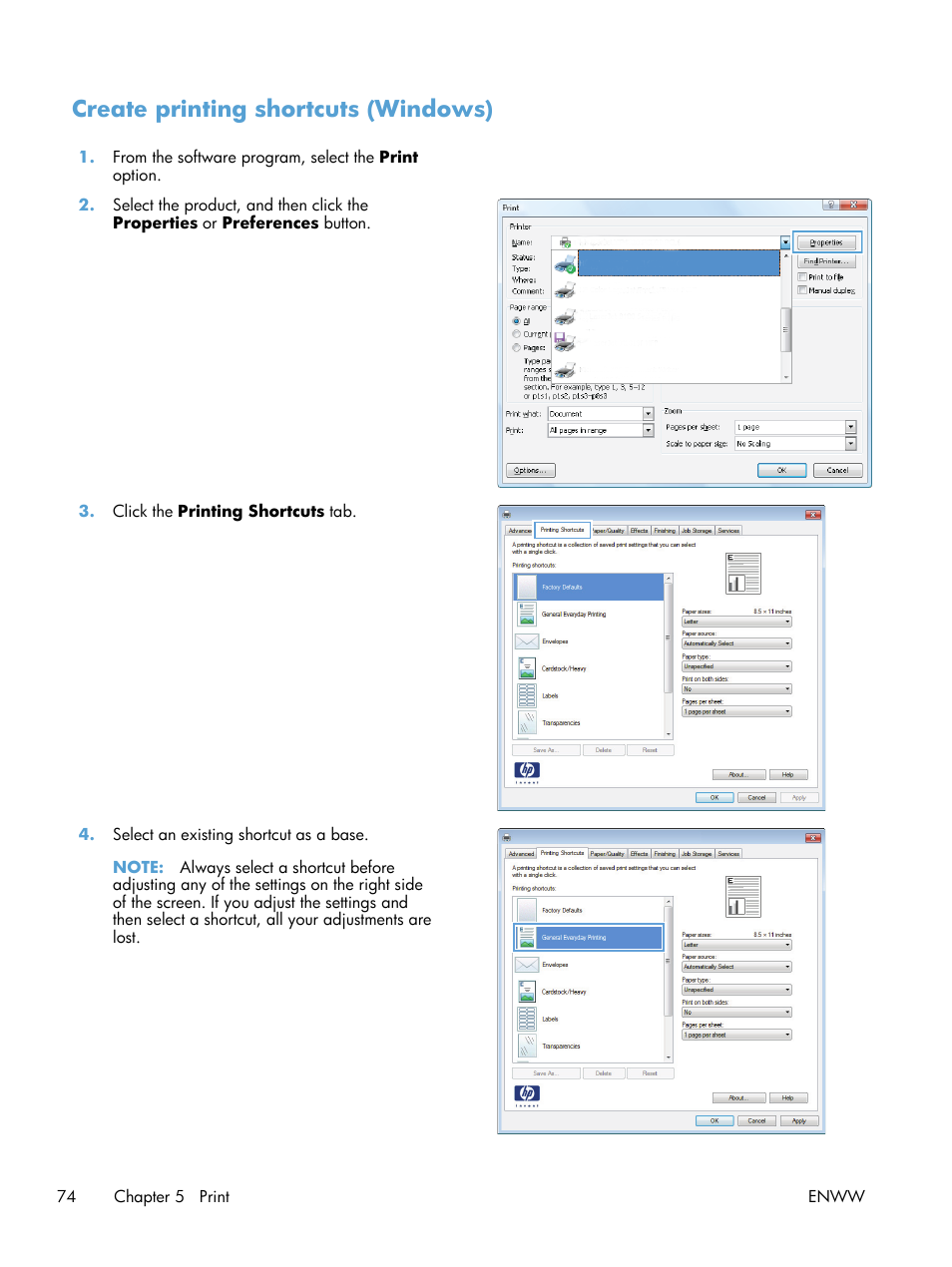 Create printing shortcuts (windows) | HP LaserJet Enterprise MFP M725 series User Manual | Page 88 / 318