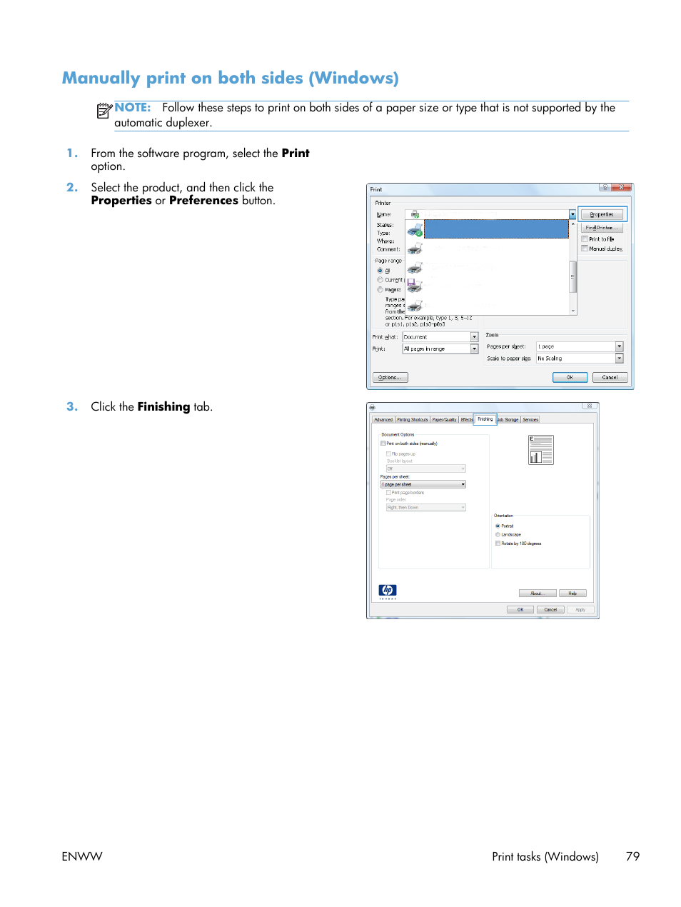 Manually print on both sides (windows) | HP LaserJet Enterprise MFP M725 series User Manual | Page 93 / 318