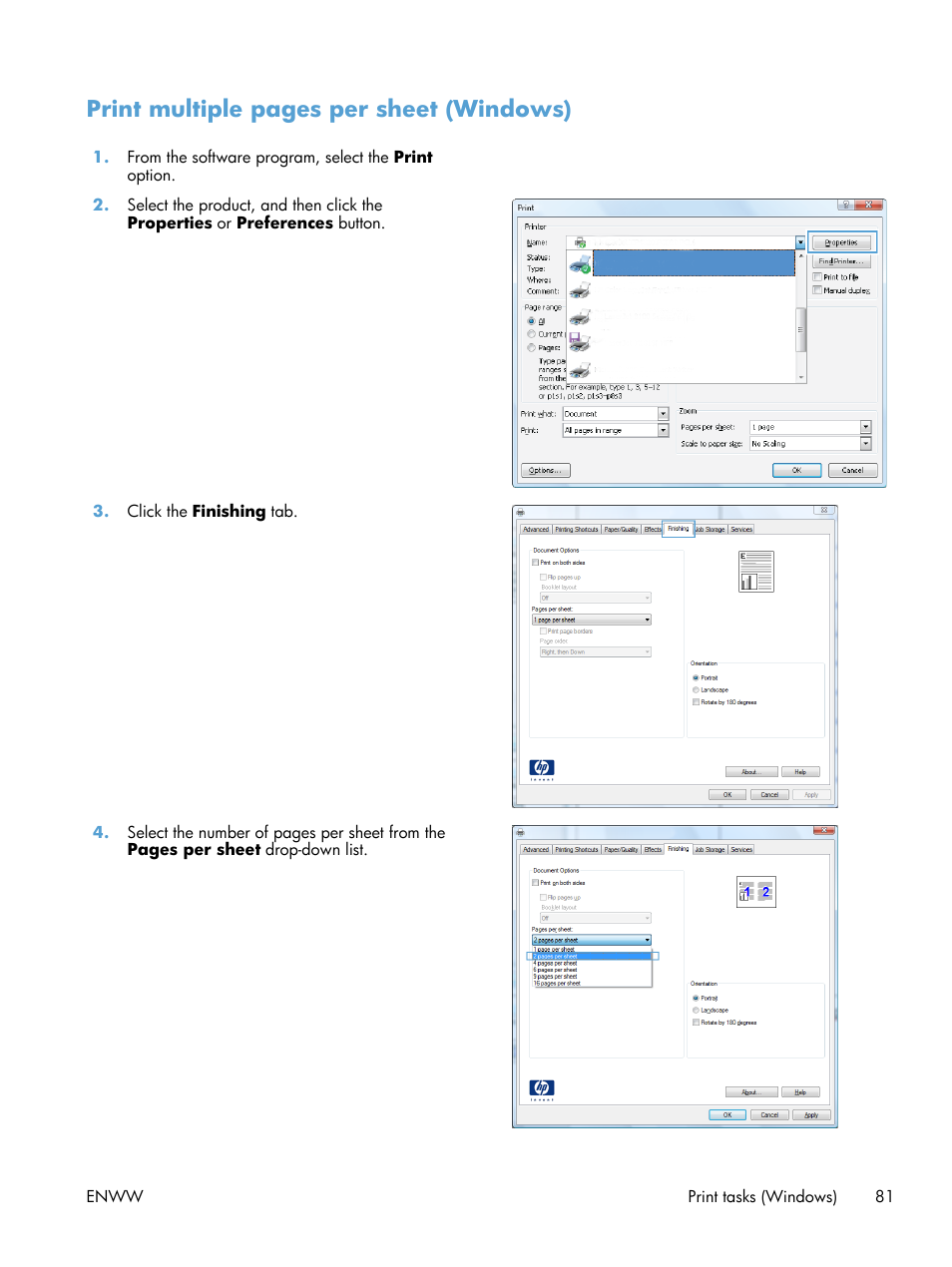 Print multiple pages per sheet (windows) | HP LaserJet Enterprise MFP M725 series User Manual | Page 95 / 318